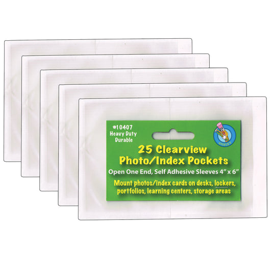 Clear View Self-Adhesive Photo/Index Card Pocket 4" x 6", 25 Per Pack, 5 Packs