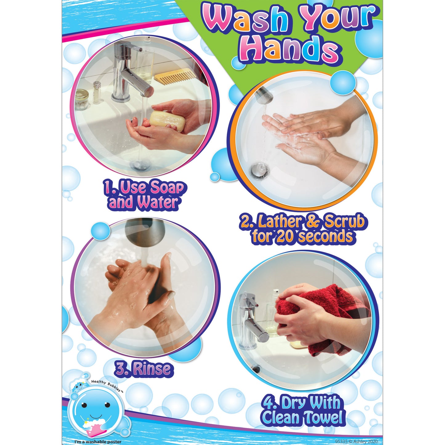 Smart Poly® PosterMat Pals™ Space Savers, 13" x 9-1/2", Wash Your Hands, Pack of 10