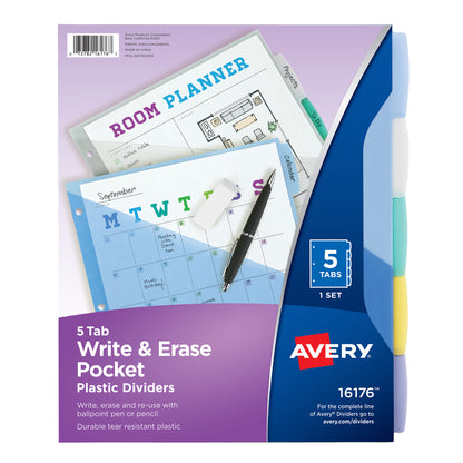 Write & Erase Durable Plastic Dividers with Pockets, 5-Tab Set, Multicolor, 3 Sets