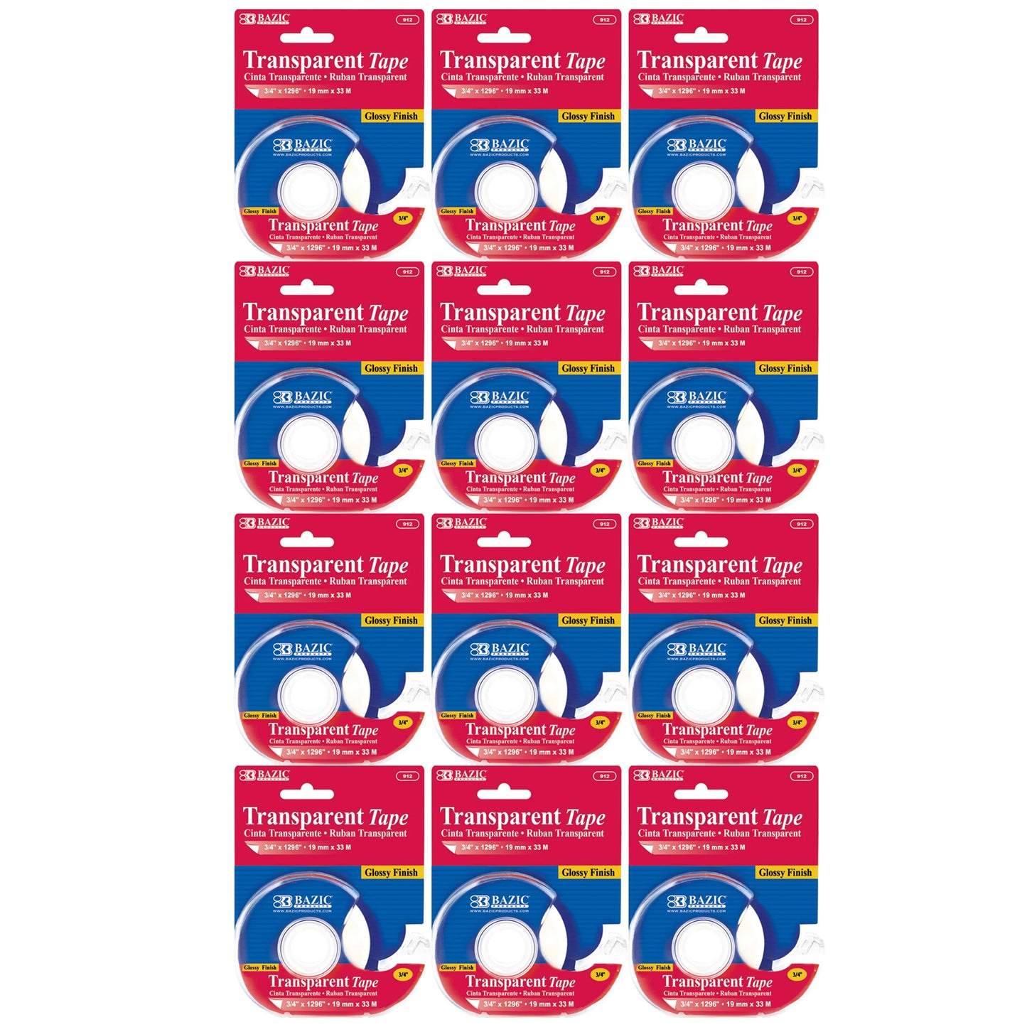 Transparent Tape with Dispenser, 3/4" x 1296", Pack of 12