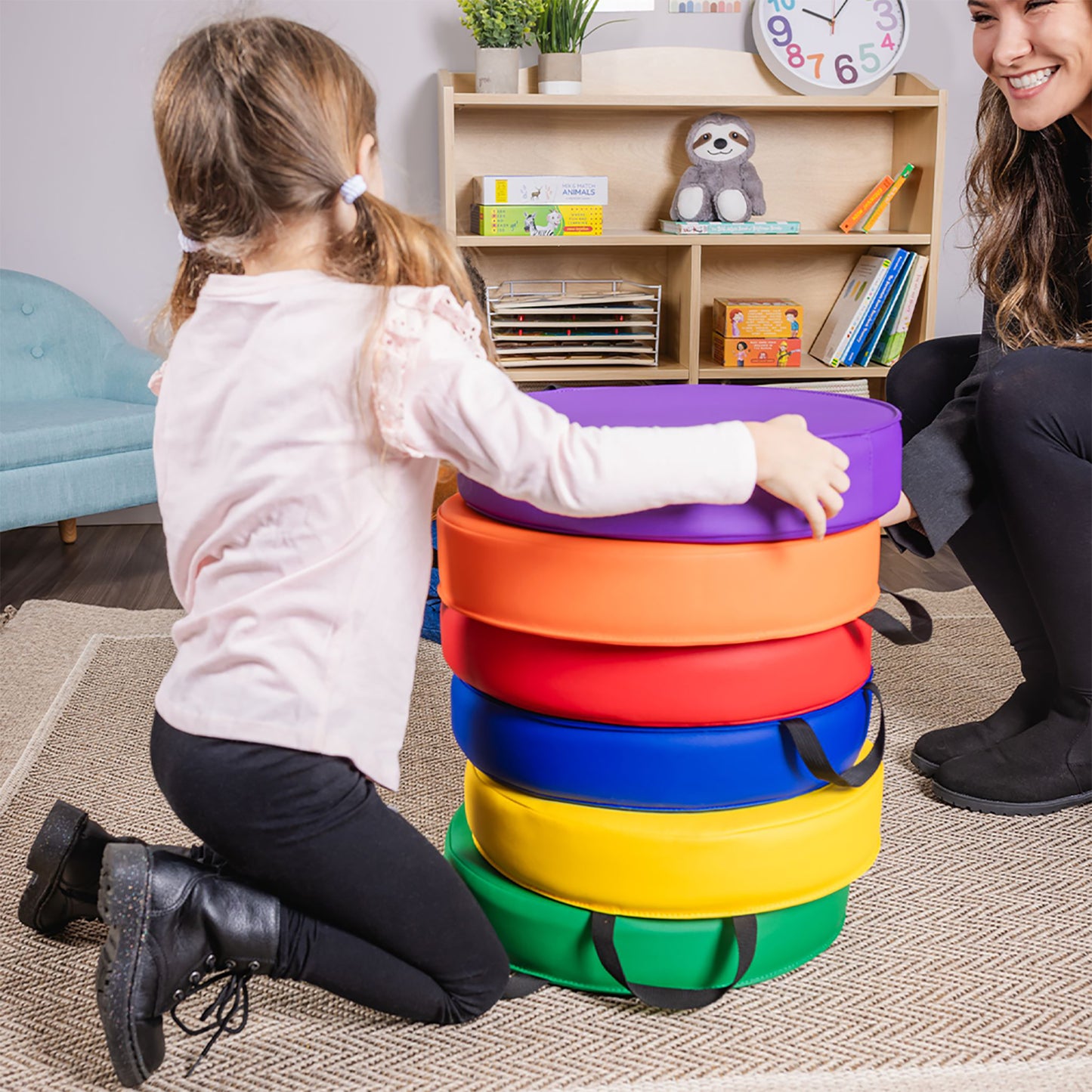 Color Coded Vinyl Floor Cushions, Round, Set of 6