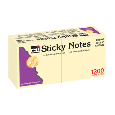 Sticky Notes, 3 x 3 Inch, 100 Sheets/Pad, Yellow, 12 Pads Per Pack, 3 Packs