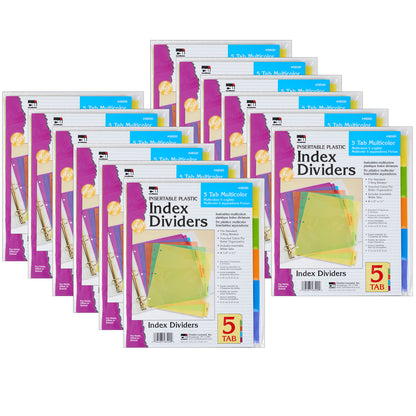 Index Dividers, 5-Tab, Assorted Colors, 5 Per Pack, 12 Packs