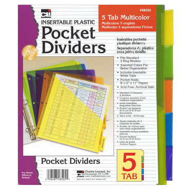 Index Dividers with Pockets, 5-Tab, Assorted Colors, 5/Pack, 6 Packs