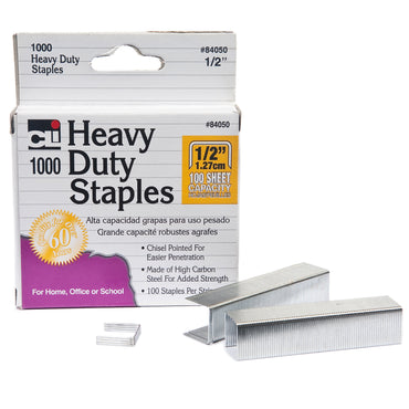 Heavy Duty Staples, 1/2 Inch Leg Length, Carbon Steel, Silver, 1000 Per Pack, 6 Packs