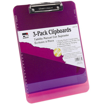 Plastic Clipboard w/Low Profile Clip, Letter, Assorted Translucent Neon Colors, Pack of 3