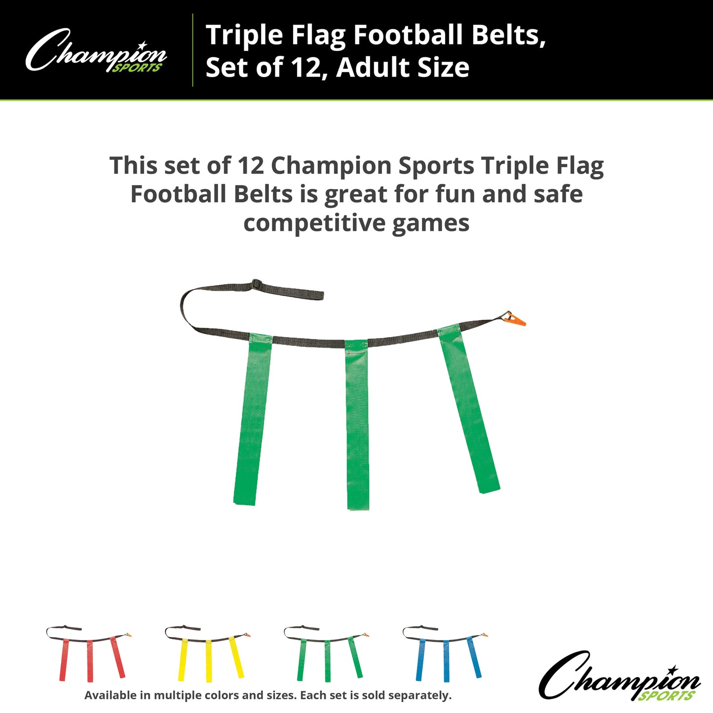 Triple Flag Football Set, Adult Size, Green, 32"-39", 12 per pack