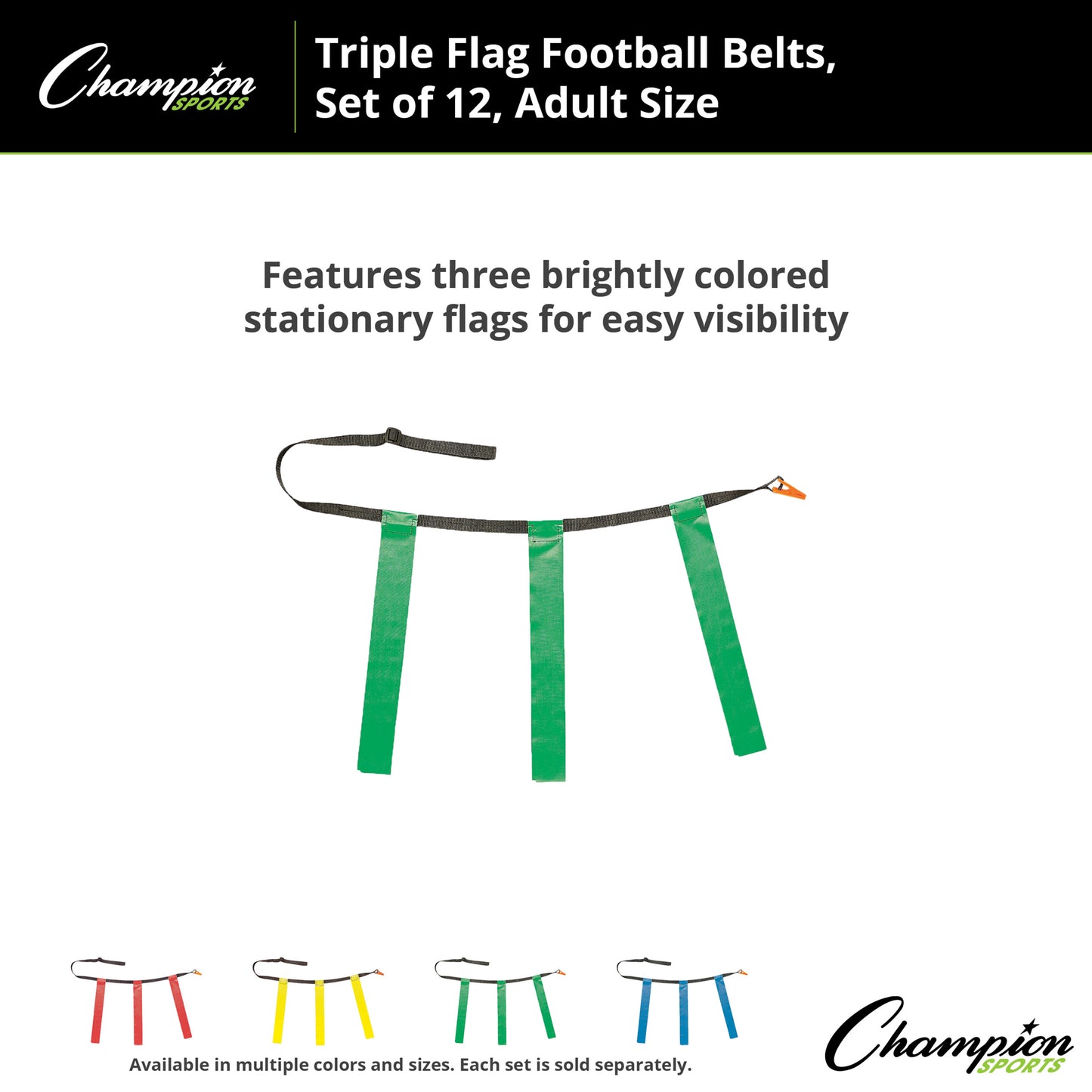 Triple Flag Football Set, Adult Size, Green, 32"-39", 12 per pack