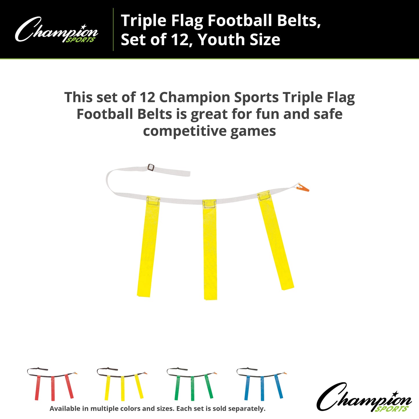 Triple Flag Football Set, Youth, Yellow, 25"-31", 12 per pack