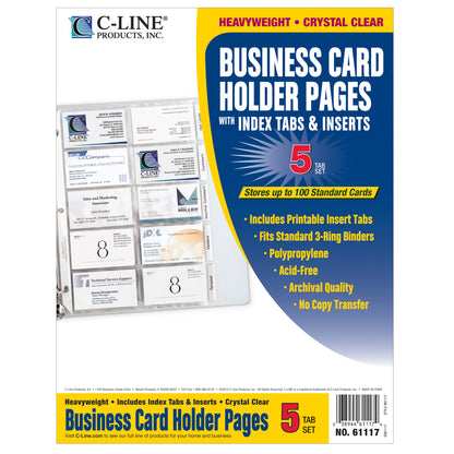 Business Card Holder, Poly with Tabs, Holds 20 Cards/Page, 11" x 8-1/2", 5 Per Pack, 5 Packs