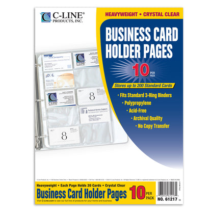 Business Card Holder, Poly without Tabs, Holds 20 Cards/Page, 11-1/4" x 8-1/8", 10 Per Pack, 10 Packs