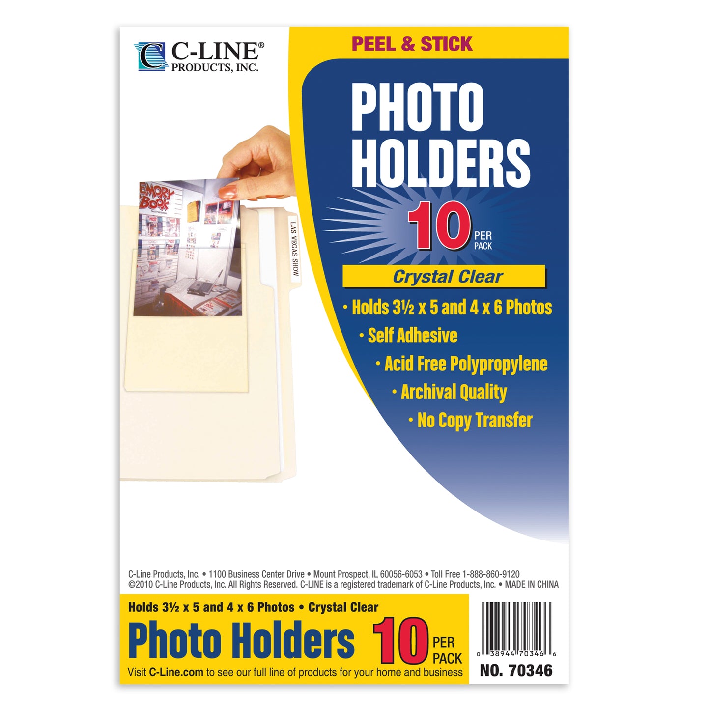 Peel & Stick Photo Holders, Clear, 4" x 6", 10 Per Pack, 5 Packs