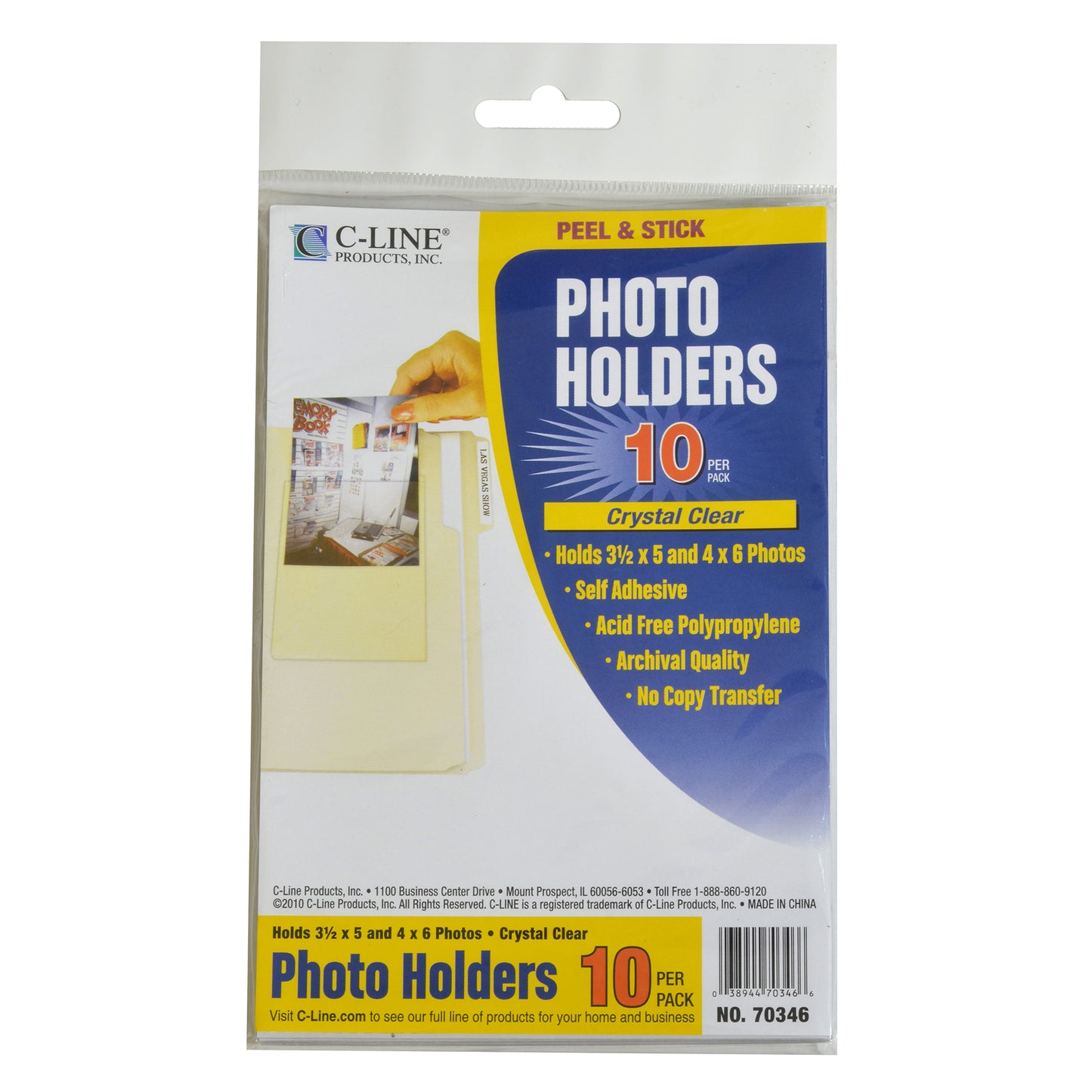 Peel & Stick Photo Holders, Clear, 4" x 6", 10 Per Pack, 5 Packs