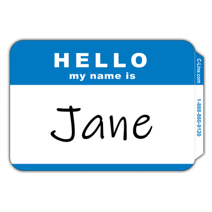 Pressure Sensitive Badges, Hello my name is, Blue, 3-1/2" x 2-1/4", 100 Per Pack, 5 Packs