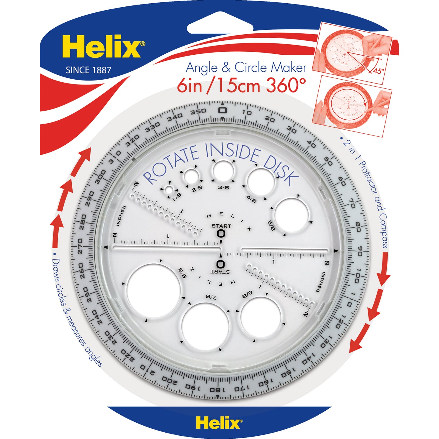 Angle & Circle Maker with Integrated Circle Templates, 360 Degree, 6 Inch/15cm, Assorted Colors, Pack of 5