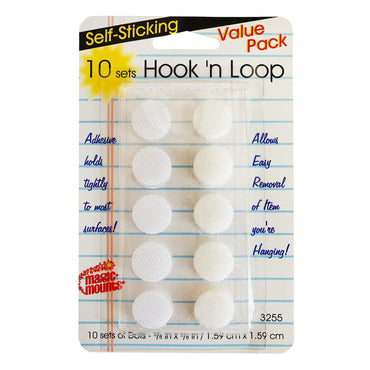 Self-Sticking Hook 'N Loop Dots 5/8", White, 10 Sets Per Pack, 12 Packs