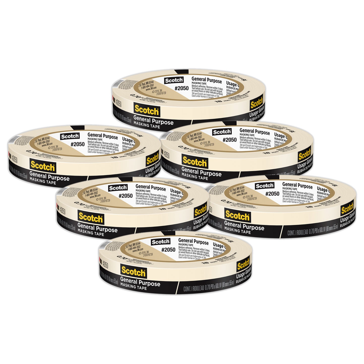 General Purpose Masking Tape, 0.70 in x 60.1 yd (18mm x 55m), 6 Rolls