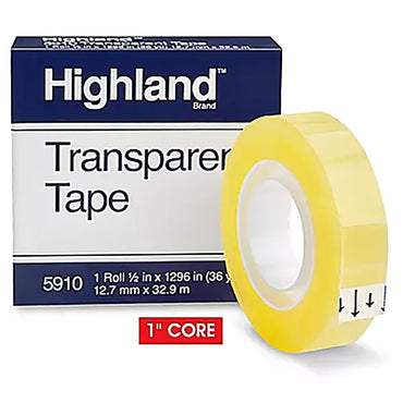 Transparent Tape, 1/2" x 1296" Per Roll, 1" Core, 12 Rolls