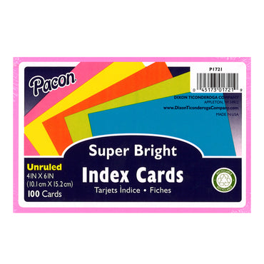 Index Cards, 5 Super Bright Assorted Colors, Unruled, 4" x 6", 100 Cards Per Pack, 6 Packs