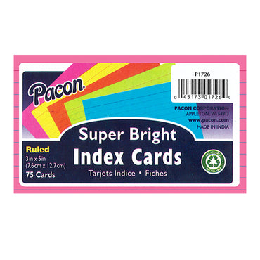 Index Cards, 5 Super Bright Assorted Colors, 0.25" Ruled, 3" x 5", 75 Cards Per Pack, 6 Packs