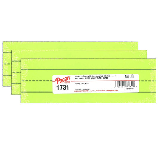 Super Bright Flash Cards, 5 Assorted Colors, 1.5" x 0.75" Ruled 3" x 9", 100 Cards Per Pack, 3 Packs