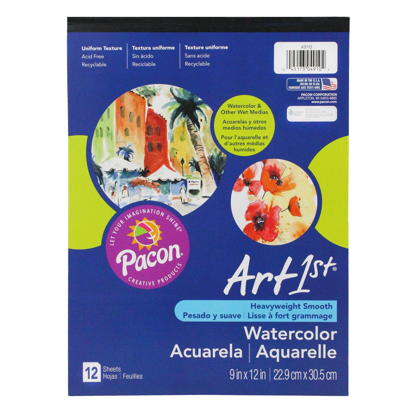 Watercolor Pad, 90 lb., 9" x 12", 12 Sheets, Pack of 6