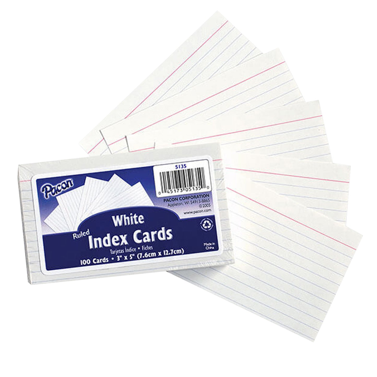 Index Cards, White, Ruled, 1/4" Ruled 3" x 5", 100 Per Pack, 12 Packs