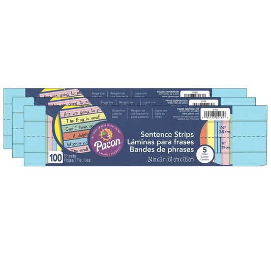 Sentence Strips, 5 Assorted Colors, 1-1/2" Ruled, 3" x 24", 100 Strips Per Pack, 3 Packs