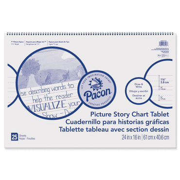 Picture Story Chart Tablet, White, Ruled Long, 1-1/2" Ruled, 24" x 16", 25 Sheets, Pack of 3