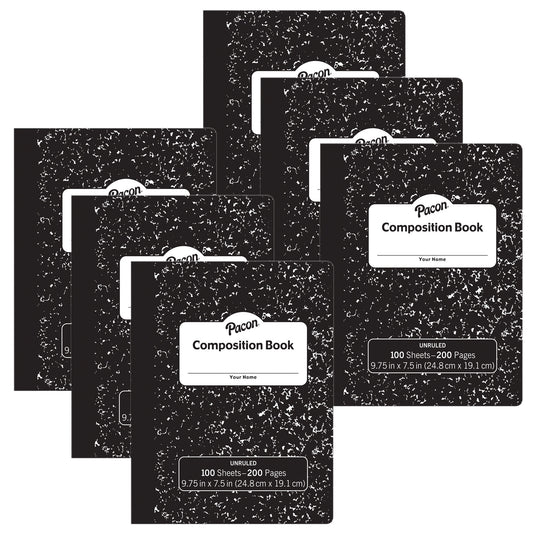 Composition Book, Black Marble, Unruled 9-3/4" x 7-1/2", 100 Sheets, Pack of 6