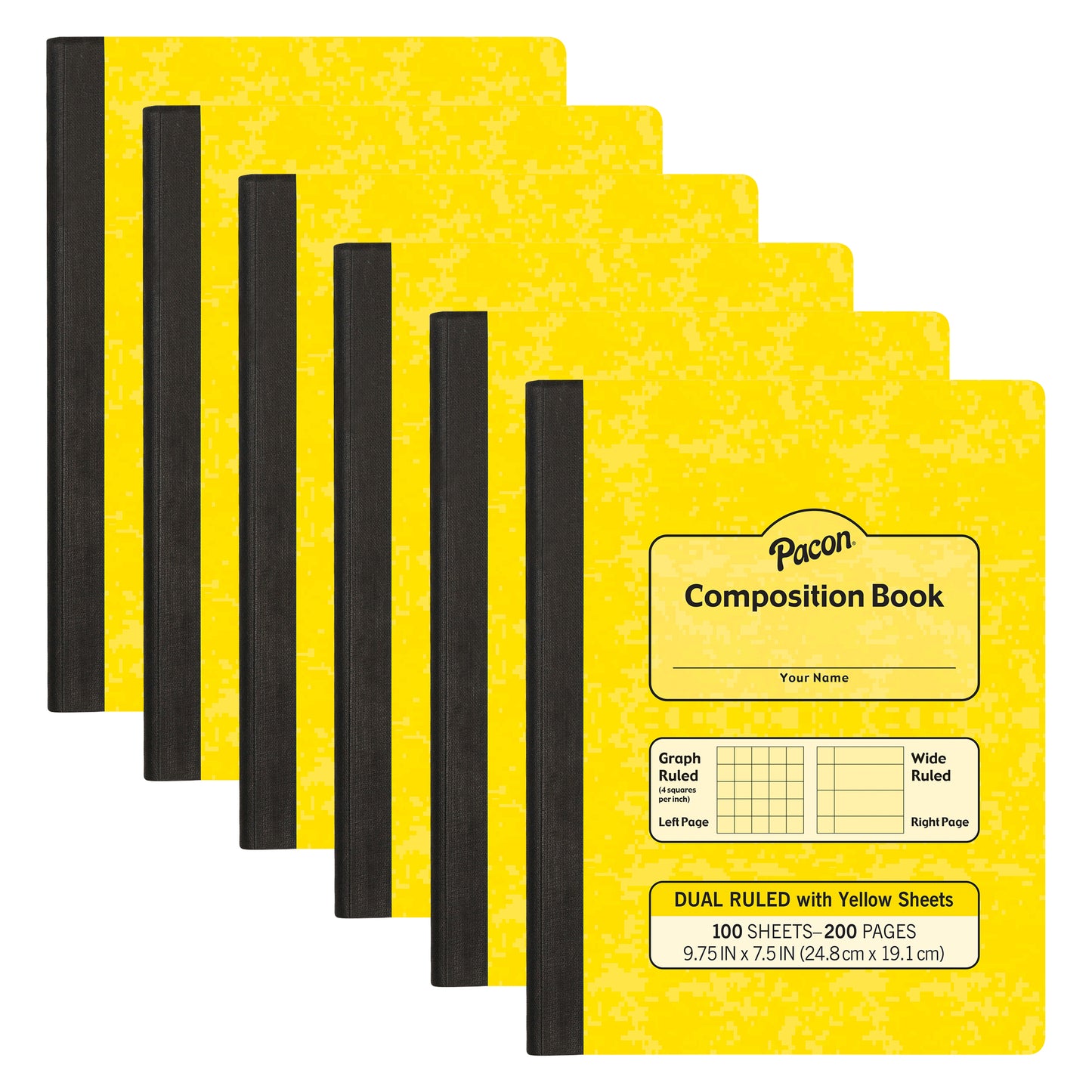 Dual Ruled Composition Book, Yellow, 1/4 in grid and 3/8 in (wide) 9-3/4" x 7-1/2", 100 Sheets, Pack of 6