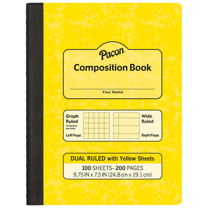 Dual Ruled Composition Book, Yellow, 1/4 in grid and 3/8 in (wide) 9-3/4" x 7-1/2", 100 Sheets, Pack of 6