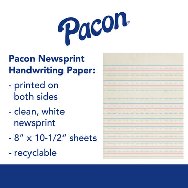 Newsprint Handwriting Paper, Dotted Midline, Grade 2, 1/2" x 1/4" x 1/4" Ruled Short, 8" x 10-1/2", 500 Sheets Per Pack, 3 Packs