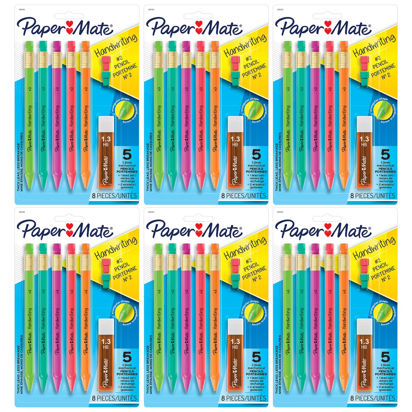 Handwriting Triangular Mechanical Pencil Set with Lead & Eraser Refills, 1.3mm, 5 Per Pack, 6 Packs