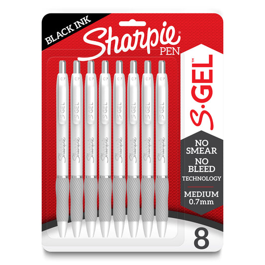 S-Gel, Gel Pens, Medium Point (0.7mm), Pearl White Body, Black Gel Ink Pens, 8 Count