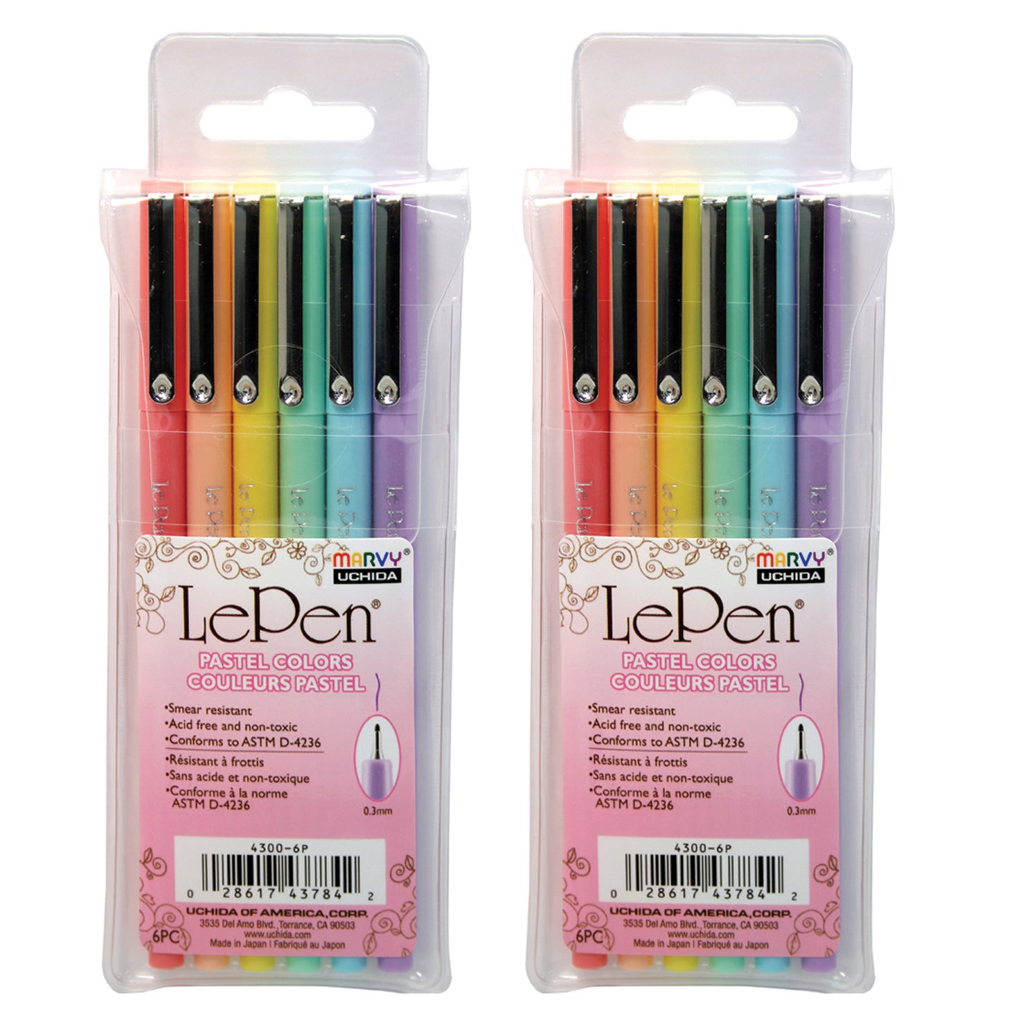 LePen® Micro-Fine Point Pen, Pastel, 6 Per Pack, 2 Packs