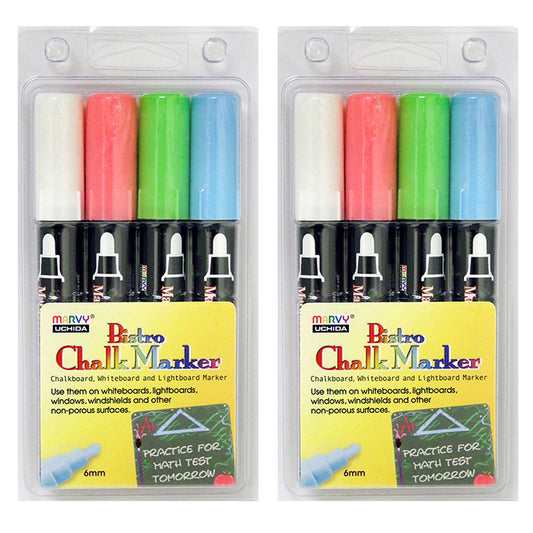 Broad Point Chalk Marker Broad Tip Set 4ED, Fluorescent Colors, 4 Per Pack, 2 Packs