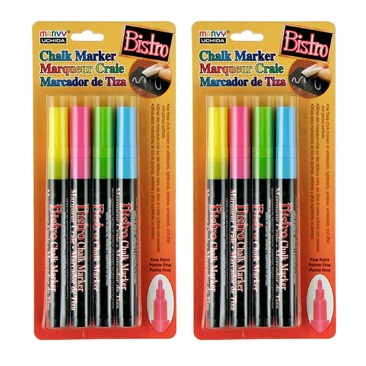 Chalk Marker Set, Fine Tip, Assorted Fluorescent Colors, 4 Per Set, 2 Sets