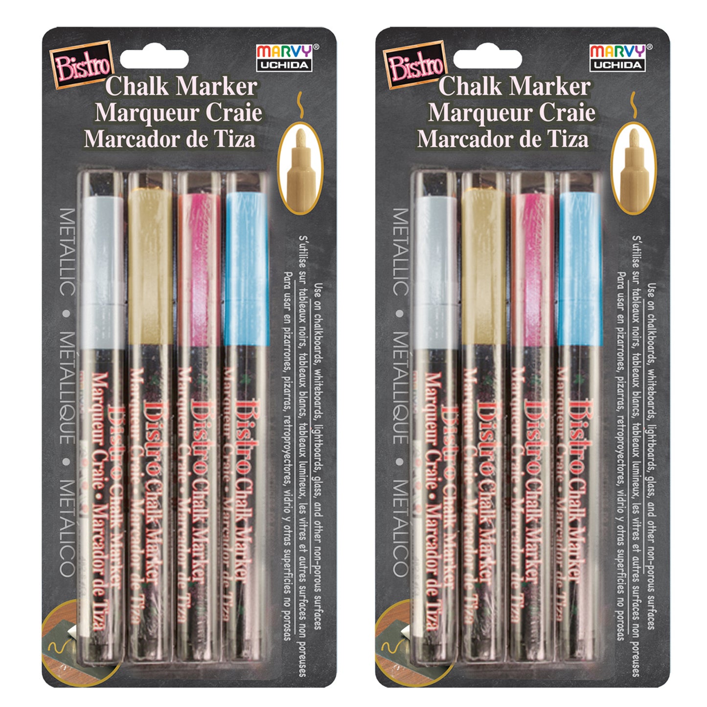 Bistro Chalk Marker Fine Tip Set 4M, Metallic Colors, 4 Per Pack, 2 Packs