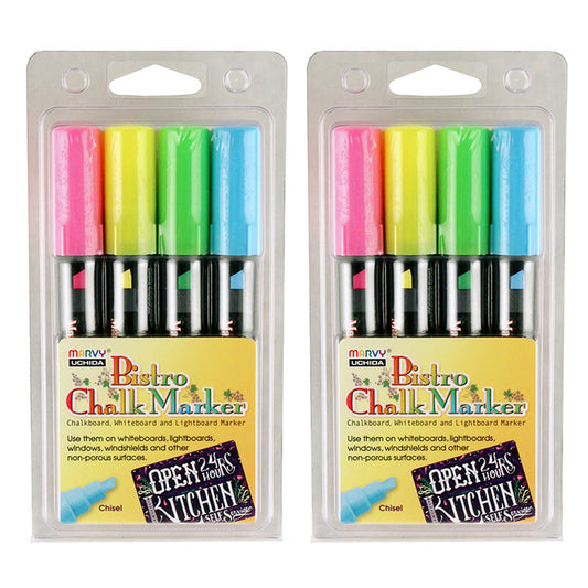 Bistro Chalk Marker Chisel Tip Set 4H, Fluorescent Colors, 4 Per Pack, 2 Packs