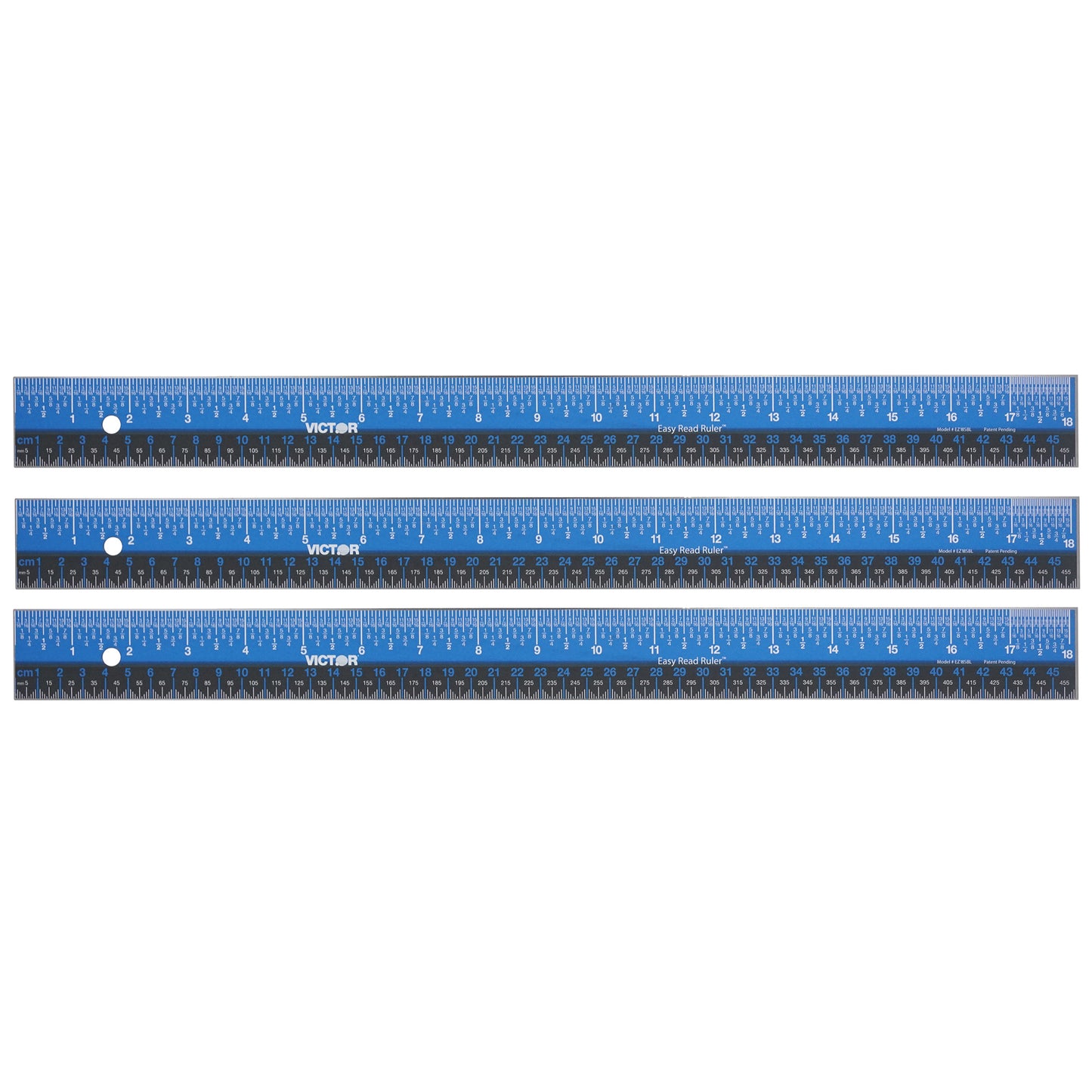 Easy Read™ Ruler, Stainless Steel, Blue/Black, 18", Pack of 3