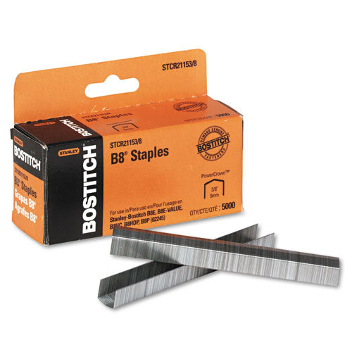 B8 Powercrown Premium Staples, 0.38" Leg, 0.5" Crown, Steel, 5,000/box