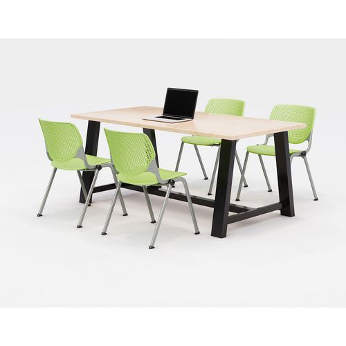 Midtown Dining Table With Four Lime Green Kool Series Chairs, 36 X 72 X 30, Kensington Maple