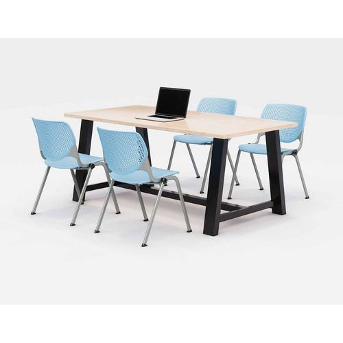 Midtown Dining Table With Four Sky Blue Kool Series Chairs, 36 X 72 X 30, Kensington Maple