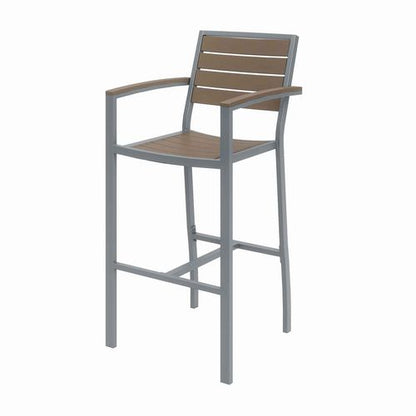 Eveleen Outdoor Bistro Patio Table, Two Mocha Powder-coated Polymer Barstools, Round, 30" Dia X 41h, Gray