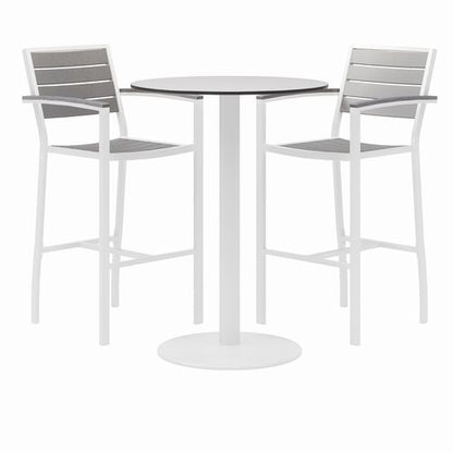 Eveleen Outdoor Bistro Patio Table, Two Gray Powder-coated Polymer Barstools, Round, 30" Dia X 41h, White