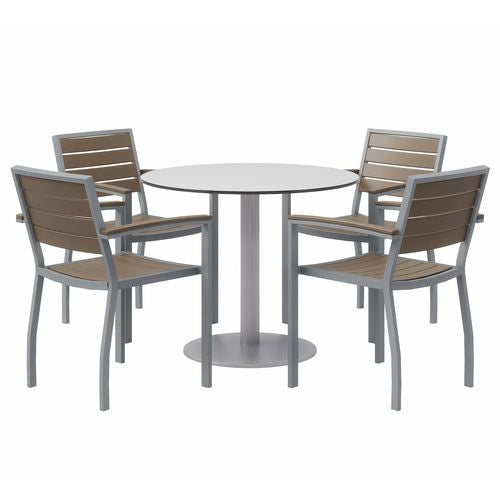 Eveleen Outdoor Patio Table, Four Mocha Powder-coated Polymer Chairs, Round, 36" Dia X 29h, Fashion Gray