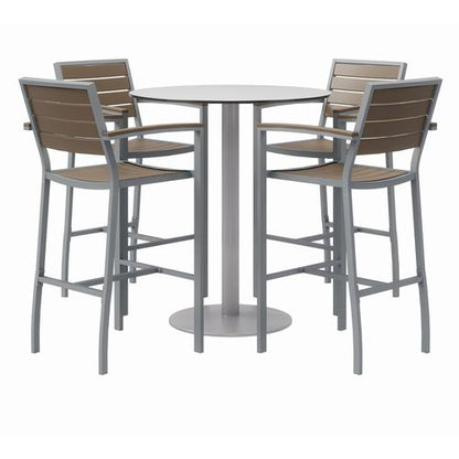 Eveleen Outdoor Bistro Patio Table With Four Mocha Powder-coated Polymer Barstools, Round, 41"h, Gray