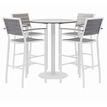 Eveleen Outdoor Bistro Patio Table With Four Gray Powder-coated Polymer Barstools, Round, 41"h, White