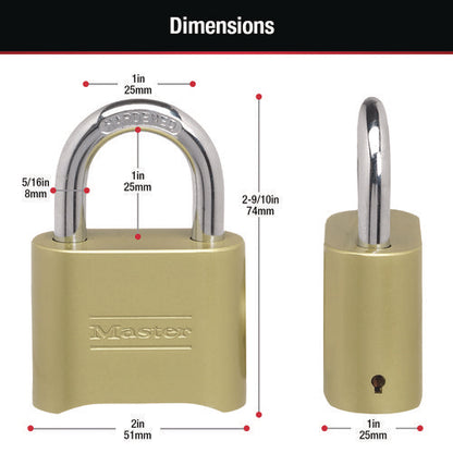 Resettable Combination Padlock, 2" Wide, Brass